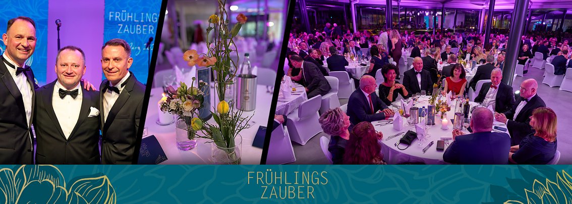 Collage von mehreren Bildern des Fr&uuml;hlingsballs (Rede, festlich gedeckte Tische, Tischdeko mit Blumen)