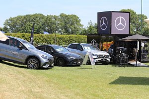 Drei Mercedes-Benz Fahrzeuge stehen auf einer gr&uuml;nen Wiese neben einem schwarzen Mercedes-Benz Cube. Vor dem Container befinden sich ein Sonnenschirm und ein kleiner Tisch mit St&uuml;hlen. Im Hintergrund sind B&auml;ume und blauer Himmel zu sehen.